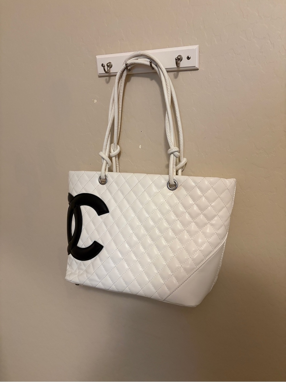 White Quilted Tote Bag with Black Accent